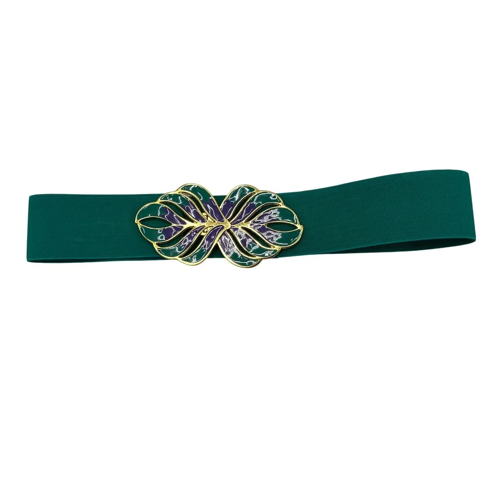 Vintage Enamel Elastic Belt‎ Gold Leaf Purple Green Size M/L Rockabilly Retro